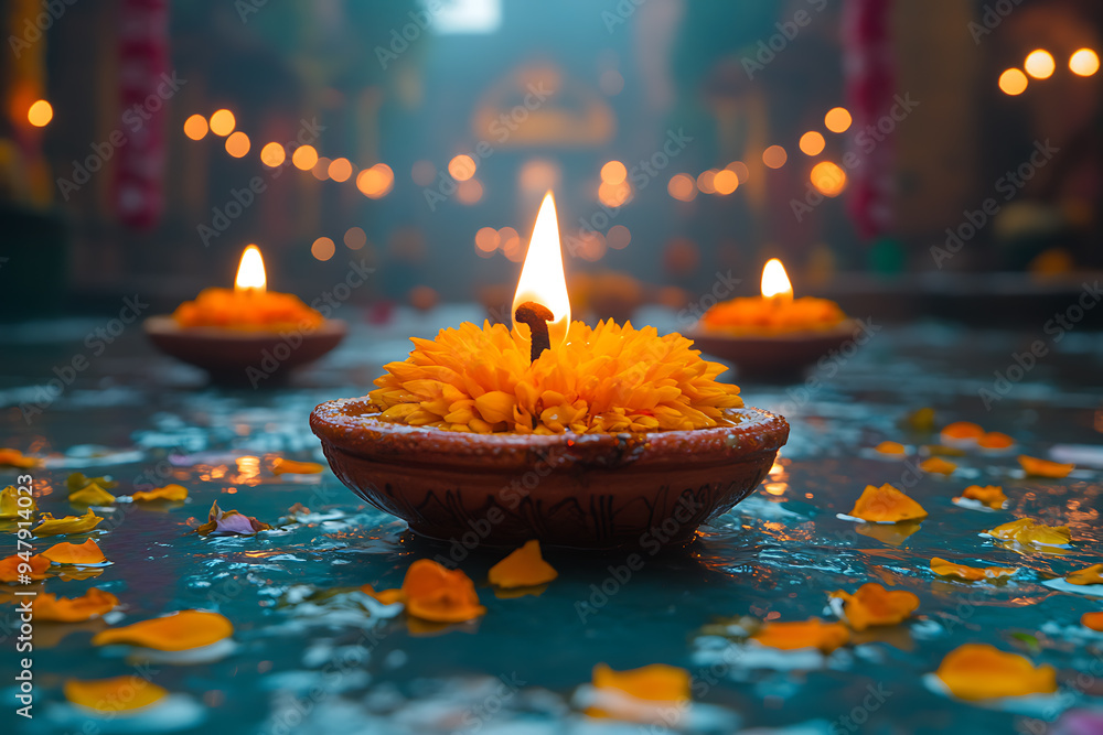 Wall mural a close-up of traditional diya lamps emitting a warm glow, surrounded by soft bokeh lights and scatt