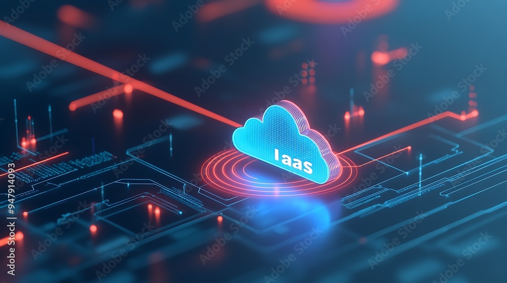 Poster futuristic digital visualization of cloud computing services with 'iaas' text in a glowing blue clou