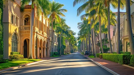 Fototapeta premium A road lined with palm trees and elegant buildings along a street in Palm Beach, Florida, capturing the upscale and sunny atmosphere of this iconic American destination.