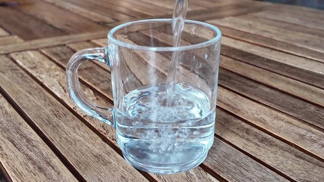 Llenando un vaso de agua sobre una mesa