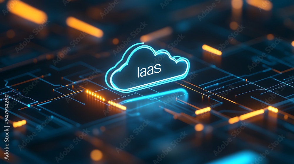 Poster futuristic iaas cloud computing concept with digital network background, emphasizing technology and 