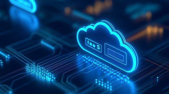 Futuristic glowing cloud computing with technology circuits for IT infrastructure and cloud storage solutions concept.