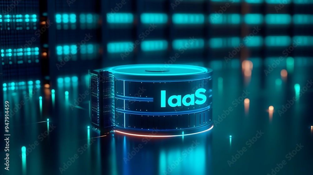 Poster futuristic iaas infrastructure concept. digital visualization of cloud computing and data center ser