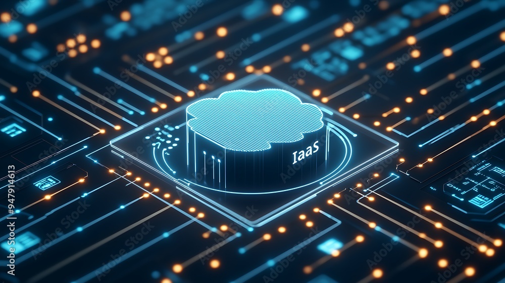 Poster Futuristic illustration of cloud computing technology on a microchip with glowing circuits, representing SaaS and digital innovation.