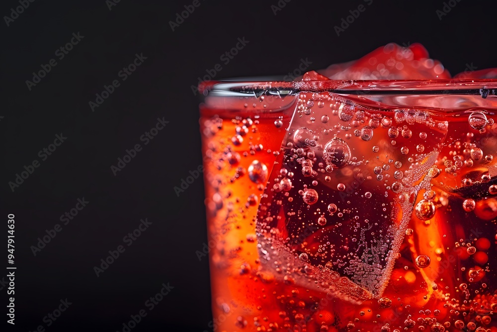 Poster refreshing bubbles: a close-up of a sparkling red beverage with ice