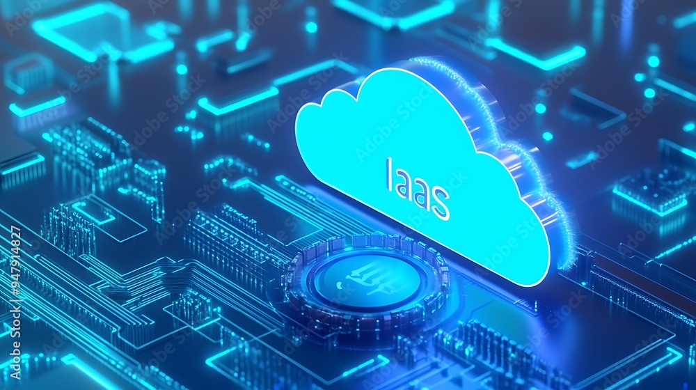 Poster futuristic illustration of iaas cloud computing technology, highlighting digital transformation in d