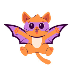 Halloween card with сute ginger cat in a bat costume. Halloween sticker. Happy holiday. Happy Halloween, Halloween for kids. Vector illustration in flat style	

