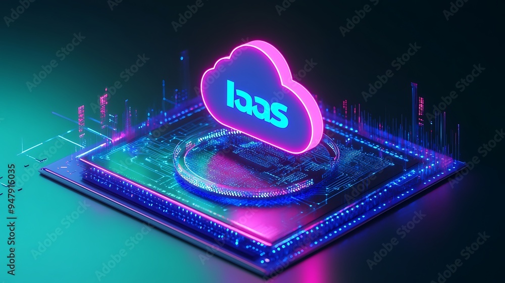 Poster futuristic image of a cloud symbol on a microchip, representing cloud computing and iaas technology 