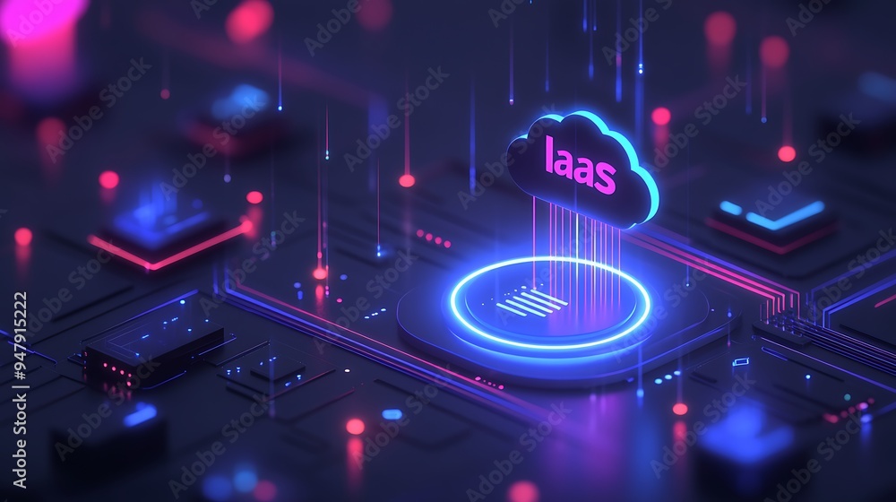 Poster futuristic neon cloud computing concept with iaas infrastructure displayed over a circuit board, sym