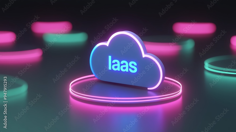 Poster futuristic neon visual of iaas cloud technology. glowing platform representing innovative cloud infr