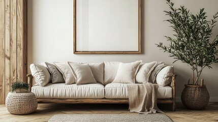 Cozy Modern Living Room with Wooden Sofa, Cushions, and Indoor Plants in Minimalist Decor