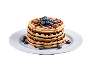 Multiple Waffles with Blueberries on a Plate Isolated on a Transparent Background