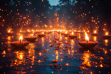 A close-up of traditional diya lamps emitting a warm glow, surrounded by soft bokeh lights and scattered flower petals. The image captures the serene and festive essence of Diwali
