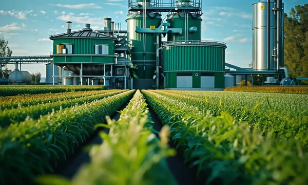 Rows of vibrant green crops stretch towards a sleek biofuel facility under a soft sunset glow, showcasing the harmony between agriculture and sustainable energy production
