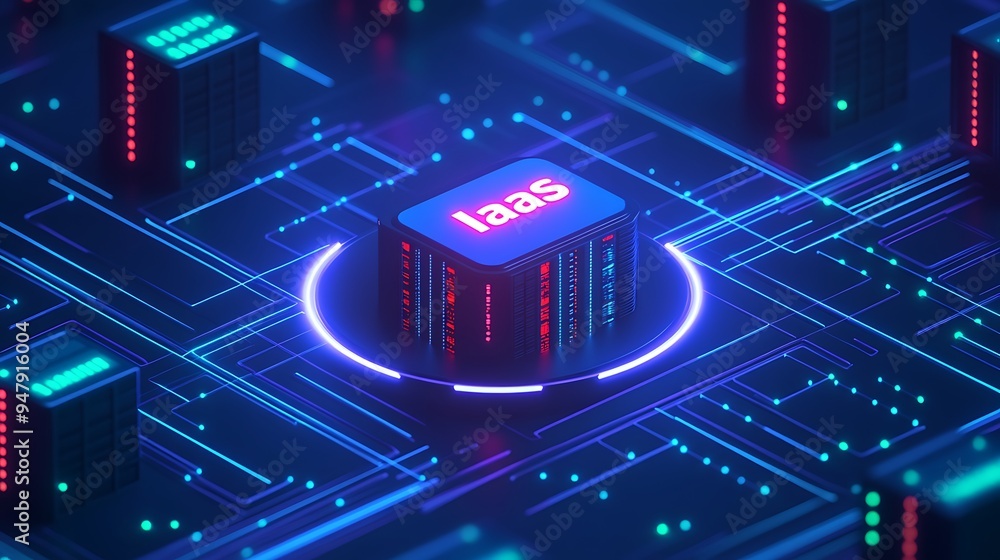 Poster futuristic technology concept of infrastructure as a service (iaas) with glowing circuits and server
