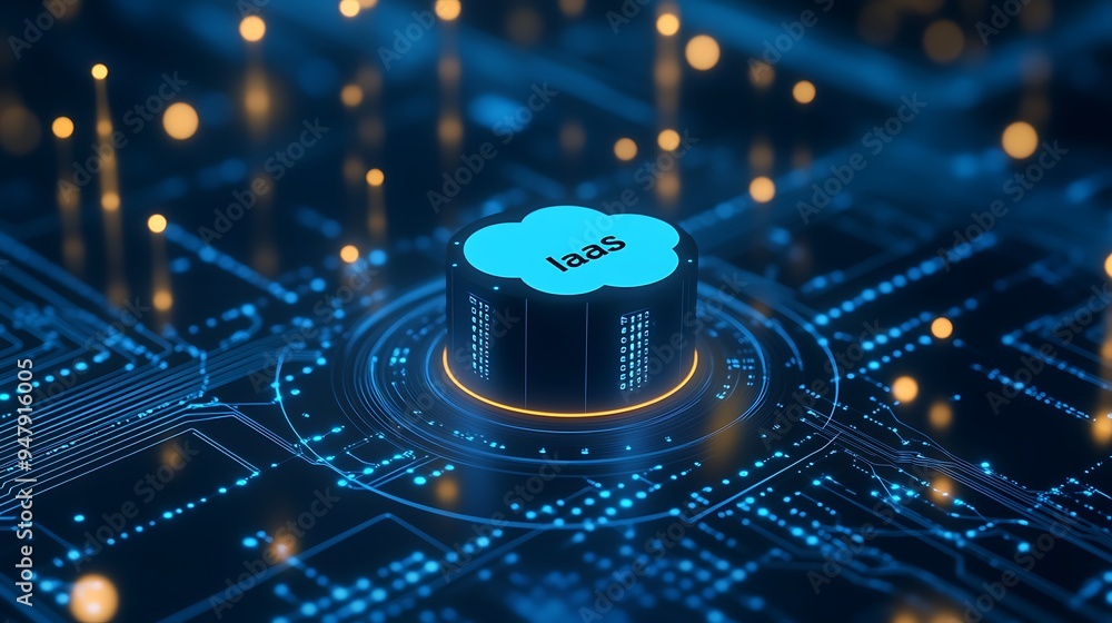 Poster futuristic technology concept with cloud computing and data center depicted in a digital circuit boa