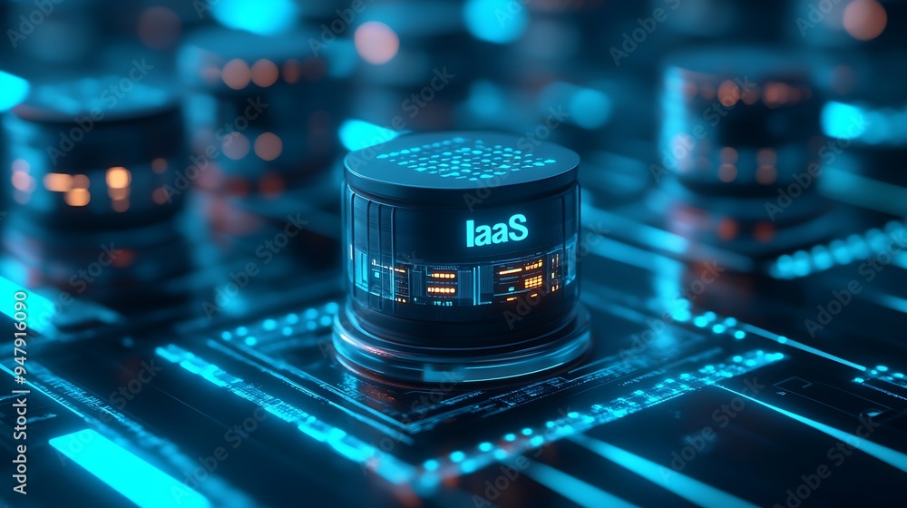 Poster futuristic technology concept with illuminated iaas chip on a glowing circuit board, representing cl