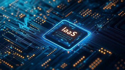 Fototapeta premium Futuristic technology concept with glowing IaaS chip on circuit board, representing cloud infrastructure services and digital innovation.