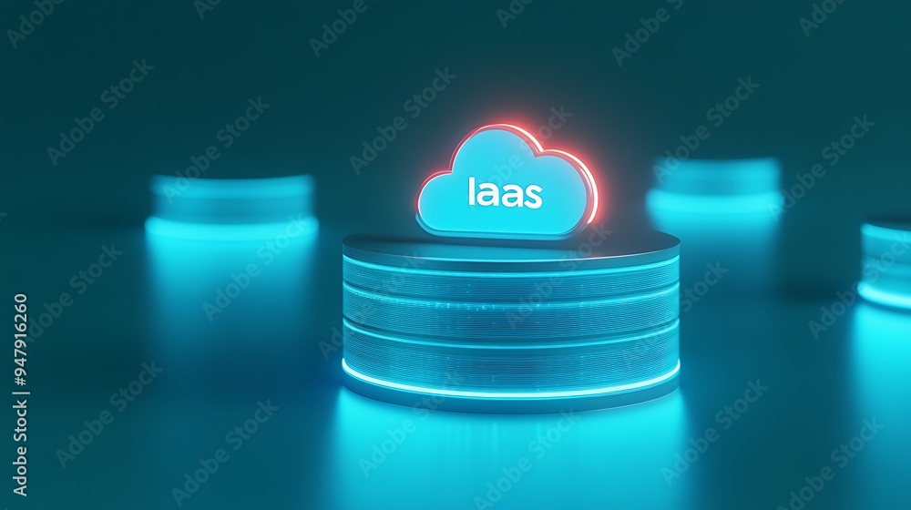 Poster glowing cloud computing concept with iaas icon on cylindrical platform, highlighting the power of in