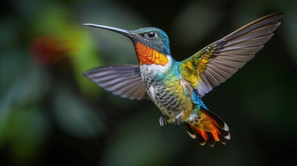 Fototapeta premium Fiery-throated hummingbird mid-flight with vibrant plumage and green background