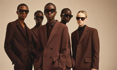 Five diverse models exude confidence wearing artistic brown suits and sunglasses, capturing the essence of modern fashion in a studio setting