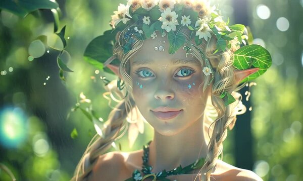 A young sprite captures the essence of nature with her enchanting presence, adorned with leaves and flowers, as sunlight filters through the foliage, creating a magical atmosphere