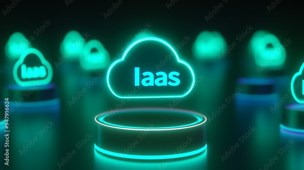 Poster glowing neon iaas cloud icons in a dark background, representing cloud computing and infrastructure 