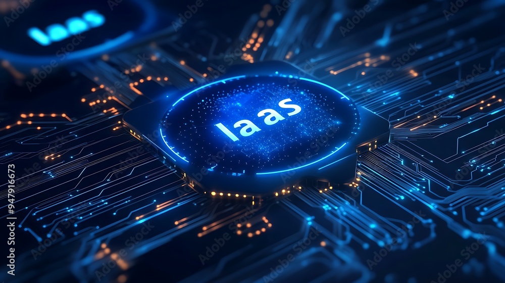 Poster high-tech circuit board with the text 'iaas' glowing in the center, representing infrastructure as a