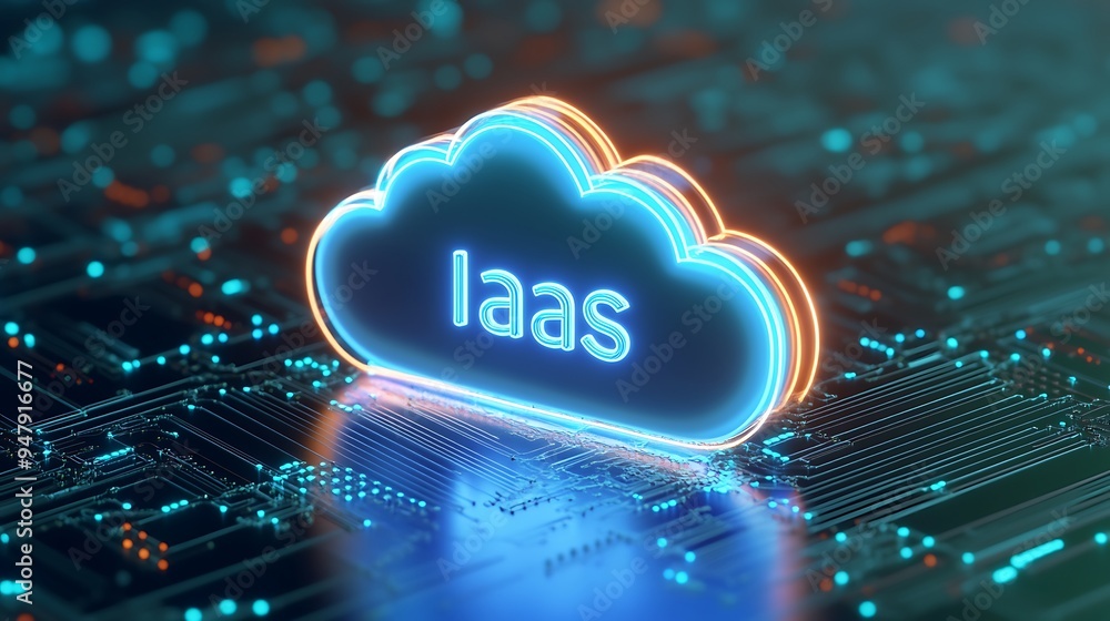 Poster highlighted iaas icon on circuit board symbolizing cloud computing infrastructure technology. futuri
