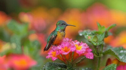 Hummingbird resting on vibrant pink flower in lush garden setting