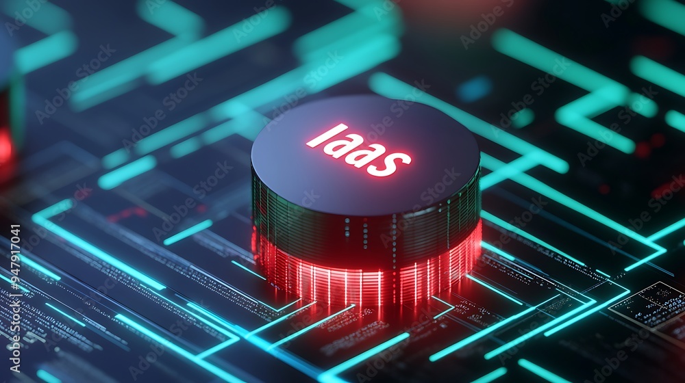 Poster high-tech representation of iaas concept with futuristic glowing hardware components in a digital en