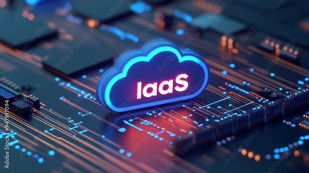 Poster iaas cloud computing concept on a digital circuit board illustrating infrastructure as a service in 