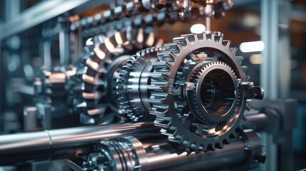 Obraz premium Industrial Symphony Closeup of Dynamic Metal Gears in Motion Conceptual Image Symbolizing Precision Innovation and Productivity in Manufacturing Process