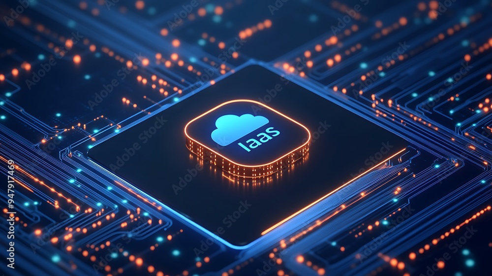 Poster illustration of an iaas cloud computing chip surrounded by glowing circuitry, representing modern di