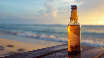 A photo of a cold beer bottle with condensation, on a beach table