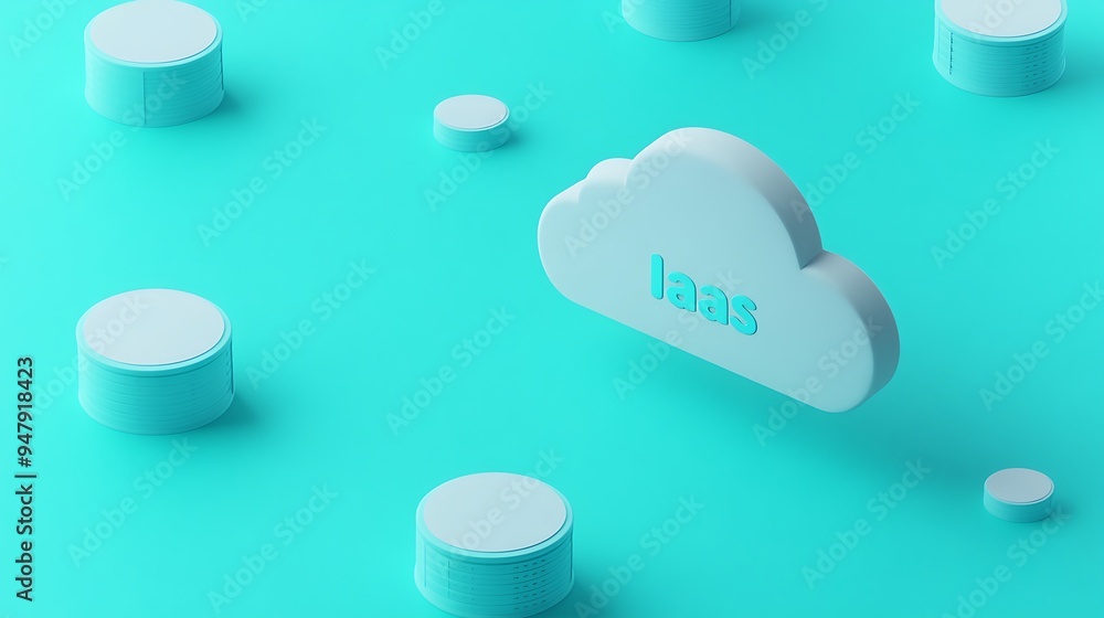 Poster minimalist 3d illustration of iaas cloud computing concept on a turquoise background with floating c