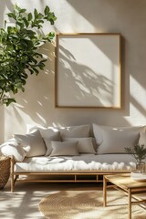 Cozy Sunlit Living Room with Modern Minimalist Decor and Indoor Plants