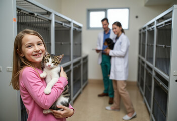 Smiling girl standing near cages for homeless animals in shelter and holding a kitten.