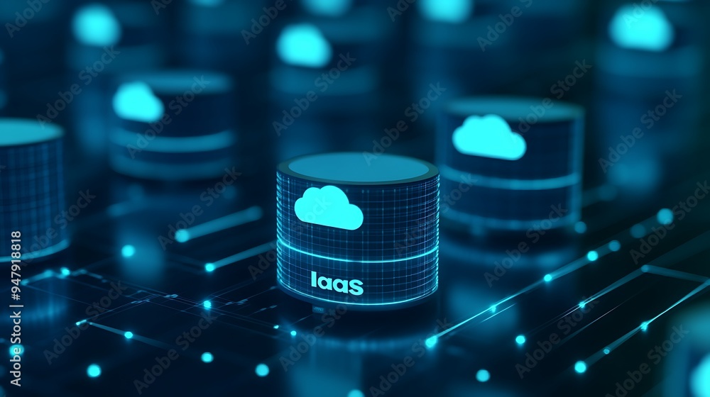Poster modern cloud infrastructure with iaas technology, depicted with digital data storage icons and glowi