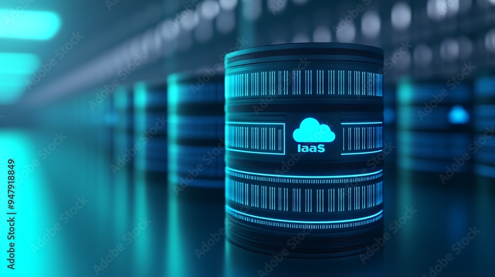 Poster modern data center server stack with glowing blue lights representing cloud storage and iaas (infras