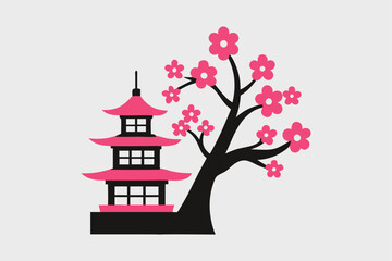 Elegant Sakura Corner with Five-Level Chinese Pagoda Vector Illustration

