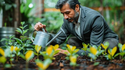 Man in business suit watering young plants with watering can in garden