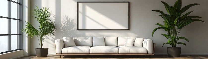 Modern Minimalist Living Room with White Sofa and Large Indoor Plants by Sunlit Window