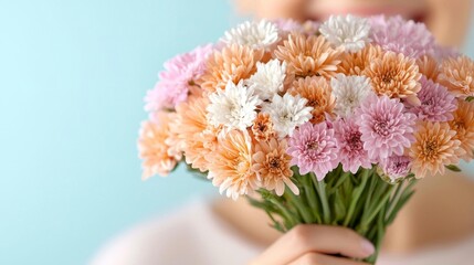 An woman with clear skin, smiling while holding a bouquet of flowers, symbolizing natural beauty