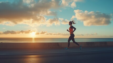 Woman jogging along a coastal road at sunset with a vibrant sky and calm ocean in the background