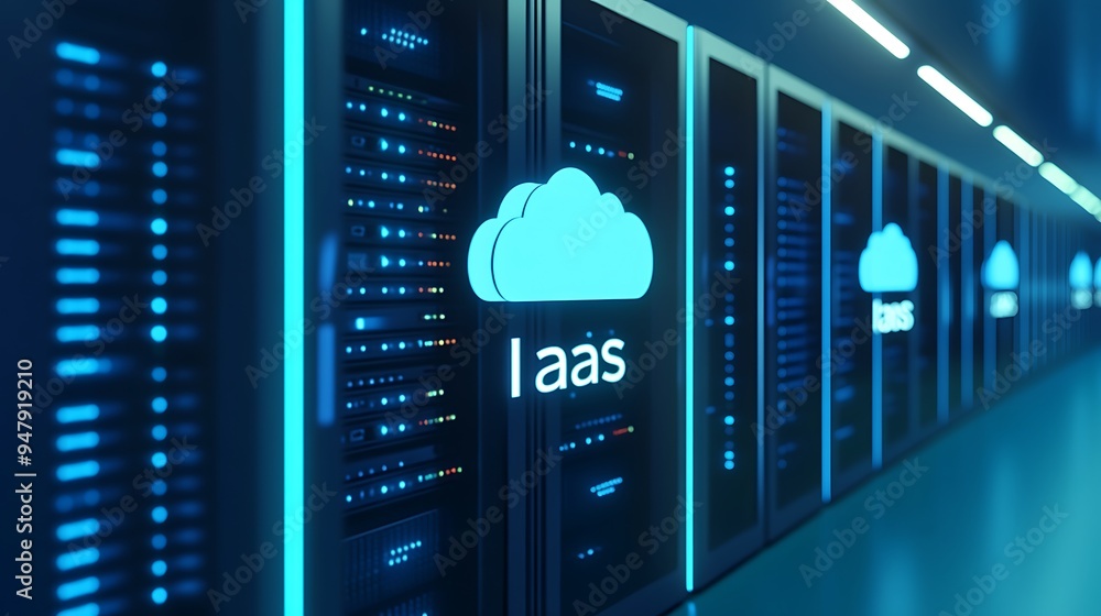 Poster modern data center with server racks and iaas cloud computing service symbol glowing in blue, repres