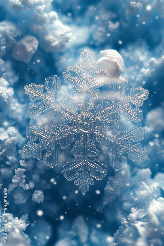 Aufkleber fragmented snowflake patterns scattered across a pale blue background,