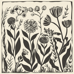 Wild flowers linocut vector illustration with grunge texture. Monochrome linear woodcut illustration.