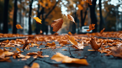 Fallen autumn leaves scattered and flying on a park pathway with trees in the background.