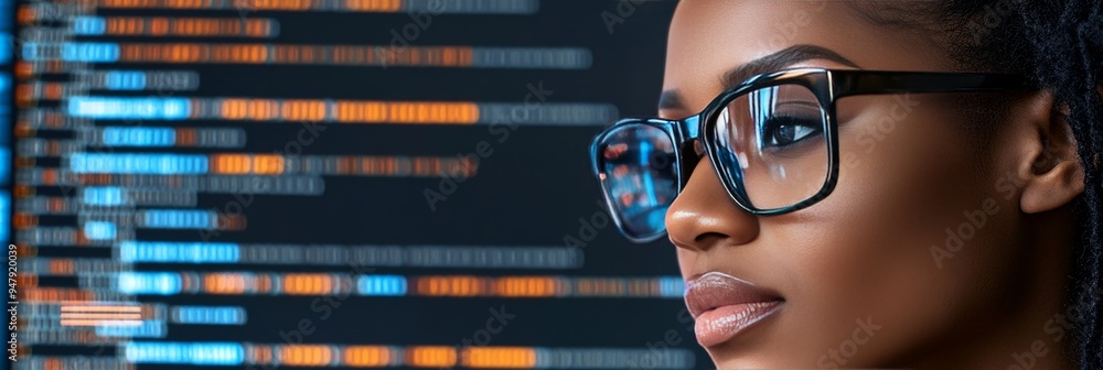 Poster focused african american woman programming on computer lines of code reflecting in glasses